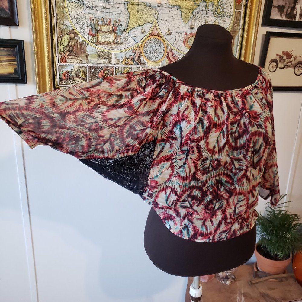 Leaf Print Boho Sheer Bat Wing Shirt